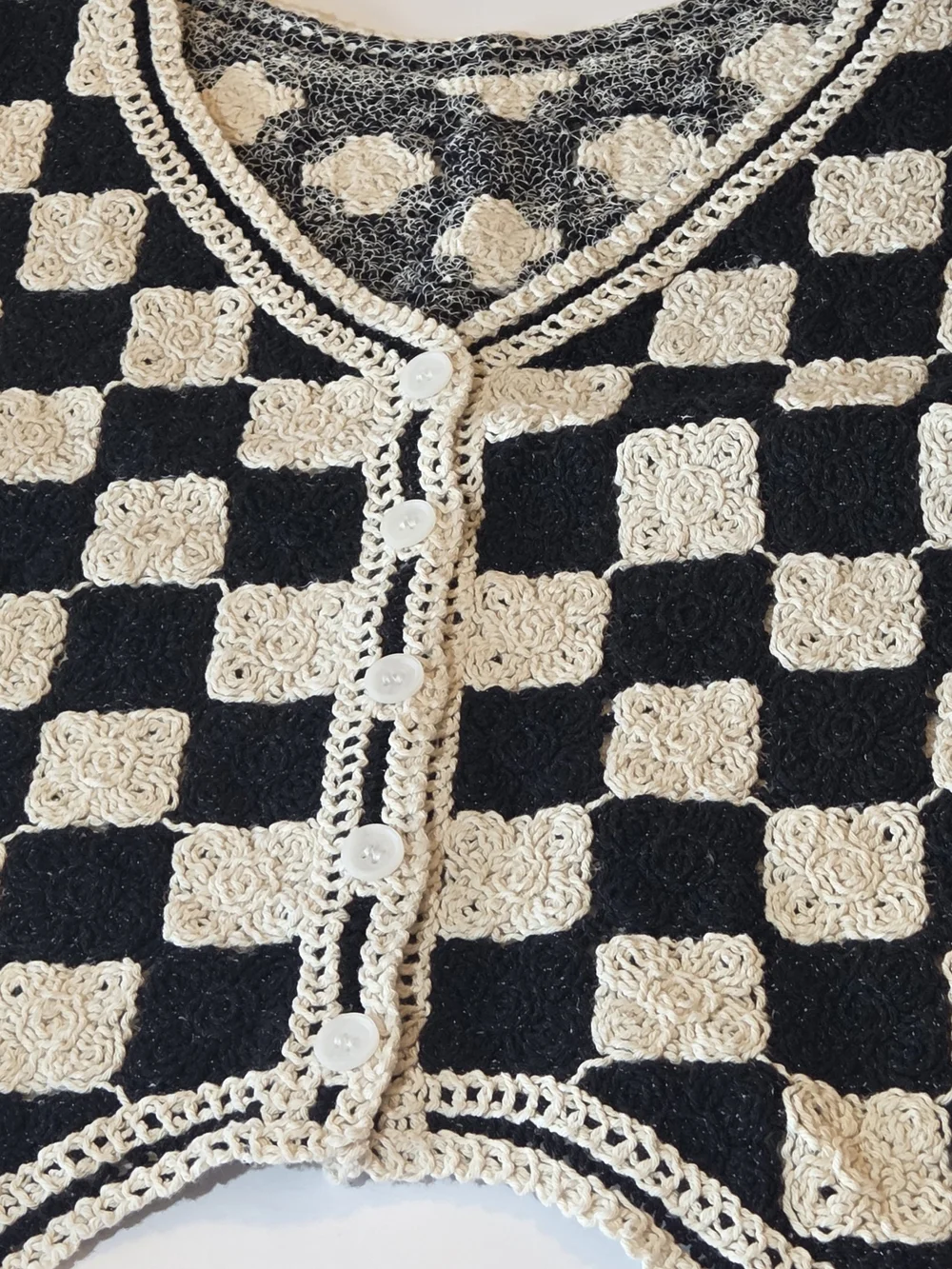 Crochet Checkerboard Vest - Black & Cream - Picture 6 of 11